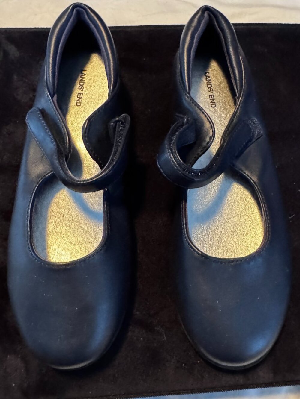 Lands' End Girls' Classic Leather Navy Blue Mary Jane Flats, Brand New, Size 3